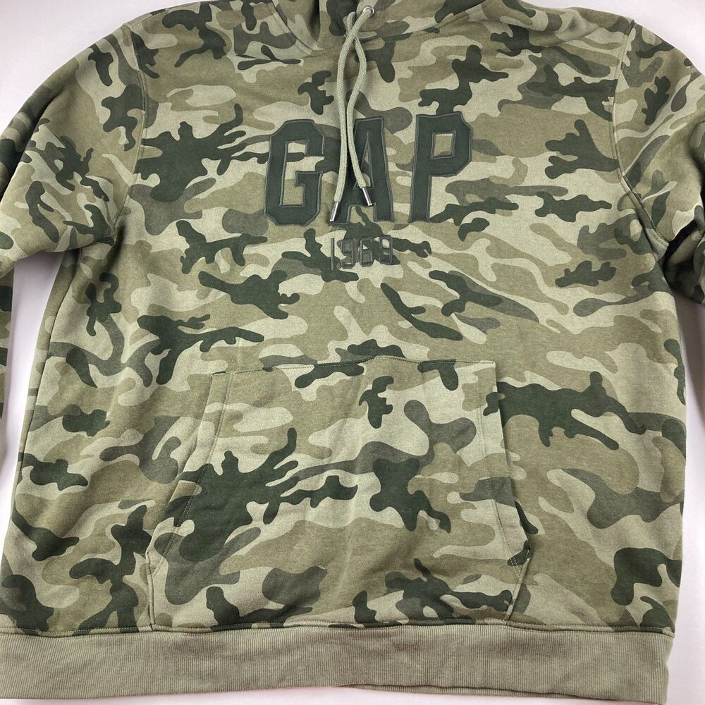Gap 1969 Men XL Camo Hoodie Green Pullover Sweatshirt Logo Military Streetwear